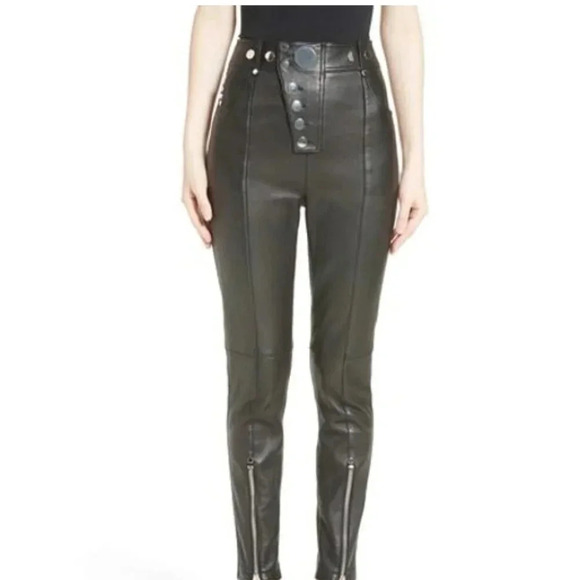 Alexander Wang Faux Leather Pants Trousers Silver Snaps Zip Detail Black Size 0 - Picture 1 of 13